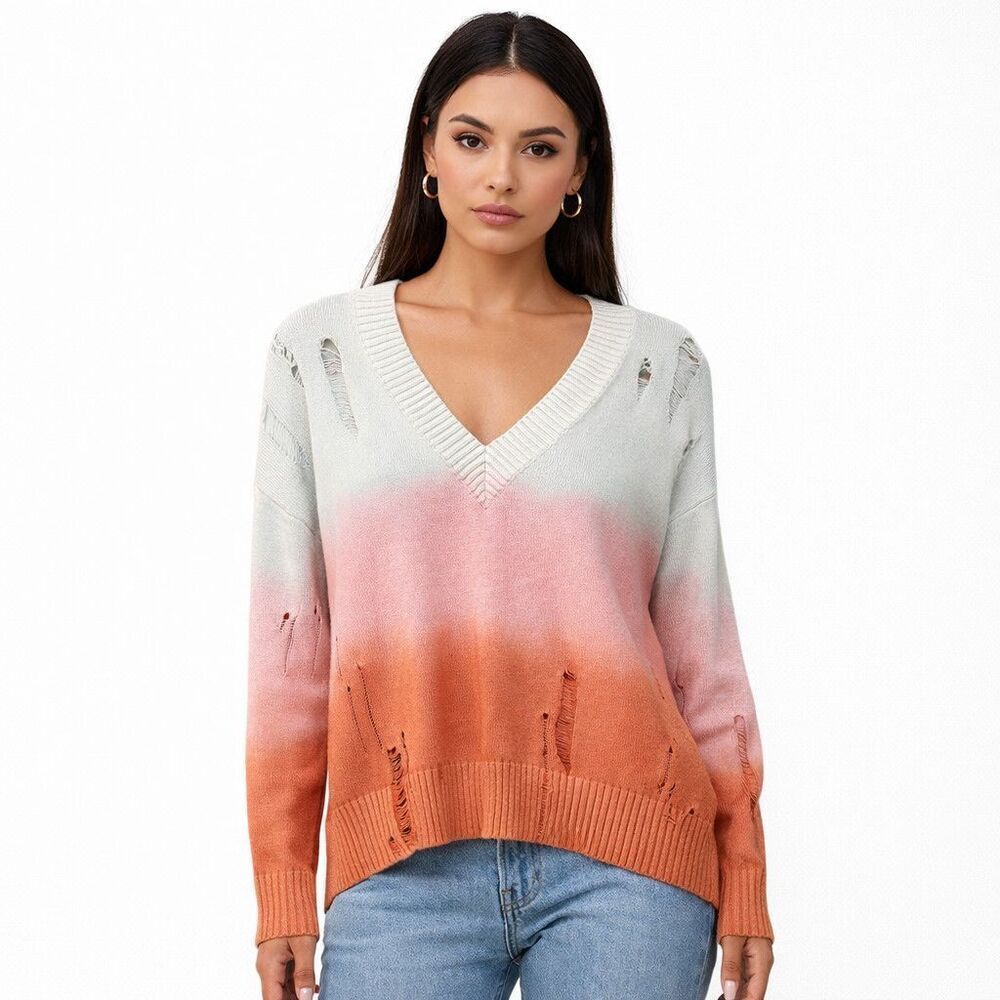 27 Miles Sweater Womens Medium Ombre Distressed V Neck Knit Pullover Multicolor